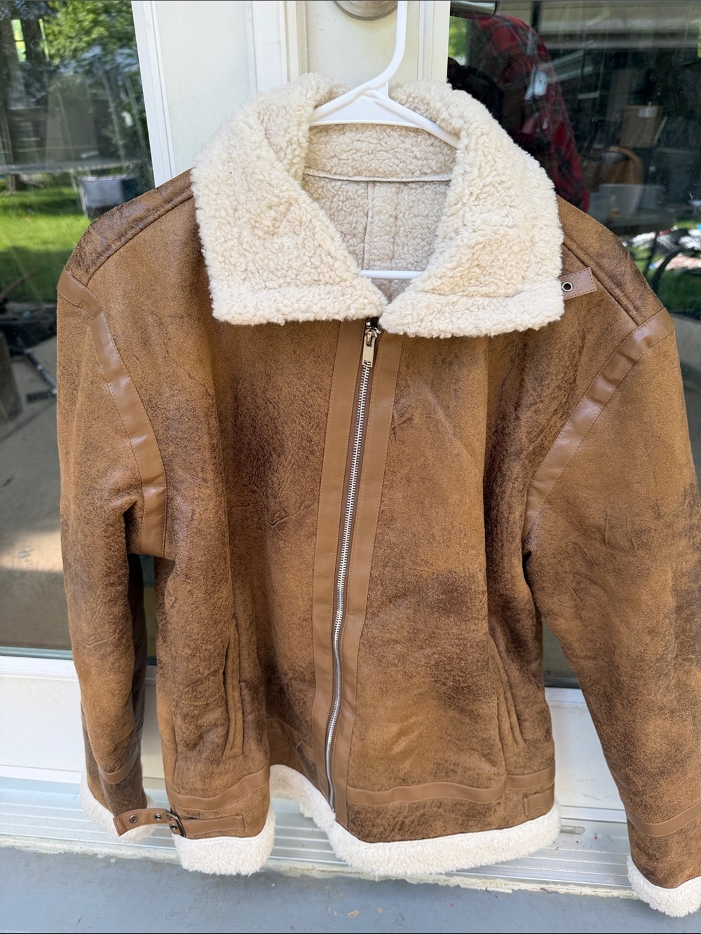Men's Brown Shearling Aviator Jacket with Cream Sherpa Collar